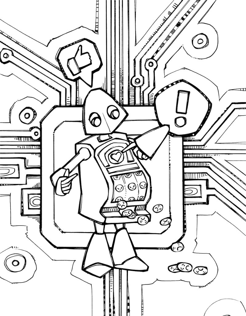 coloring book page showing a slot machine robot with a heart for an activation button, reels that show angry face emojis, and coins that are sad face emojis spilling out