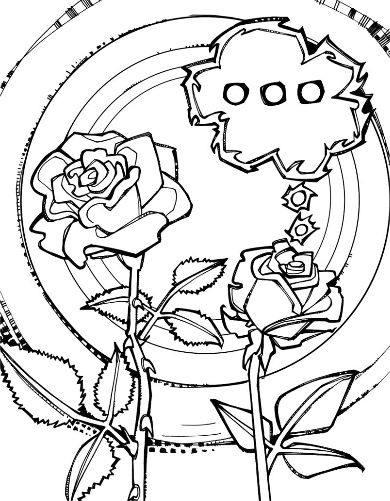 coloring book page showing two roses, one normal and one without thorns but with a prickly thought bubble
