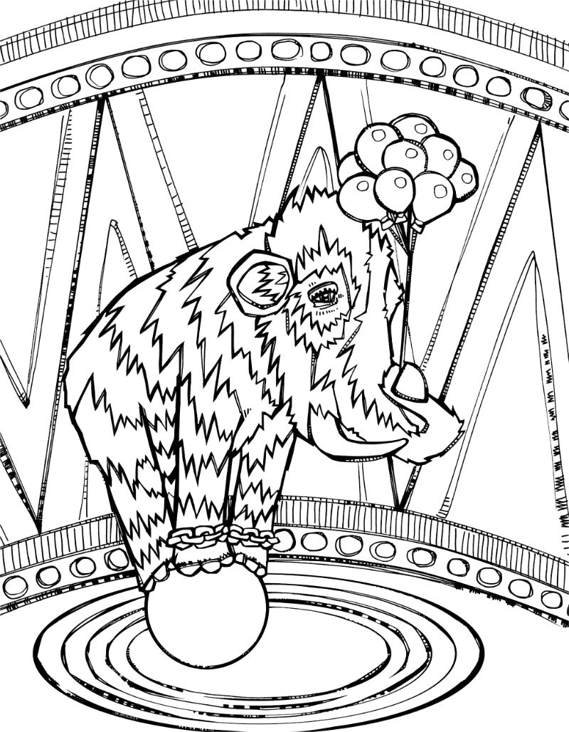 coloriage montrant un mammouth laineux au cirque