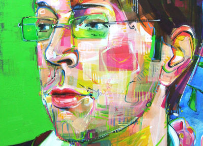 portrait peint d’un jeune homme blanc avec des lunettes vertes yeux