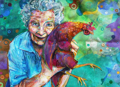 portrait peint à l’acrylique d’une mamie et sa poule préférée