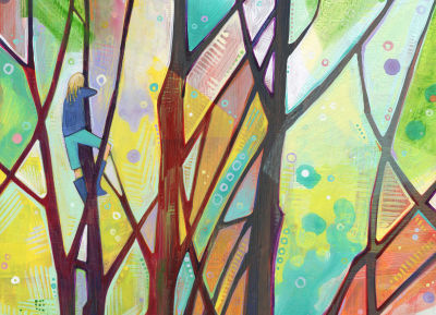 rainbow painting of a teenager in a tree by Lambertville artist Gwenn Seemel