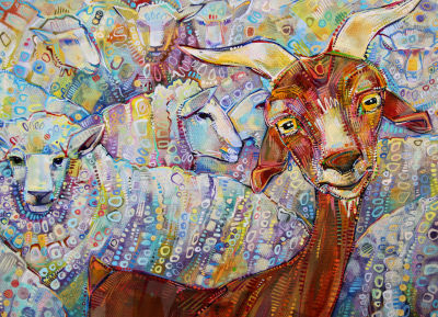 painting of a goat with sheep in the background, image by New Jersey artist Gwenn Seemel