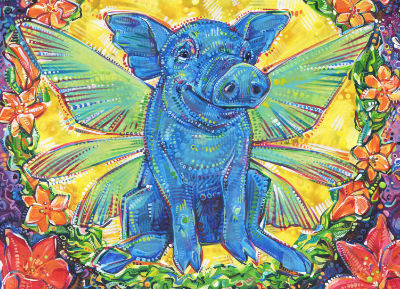 blue pig with fairy wings painted by nonbinary artist Gwenn Seemel