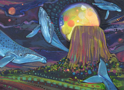 des baleines qui volent, peinture à l’acrylique