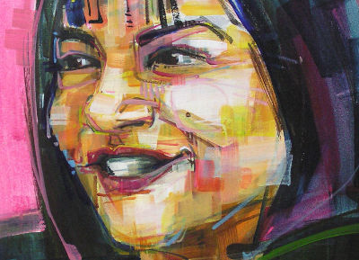 painted portrait of smiling Latina woman, artwork by Gwenn Seemel