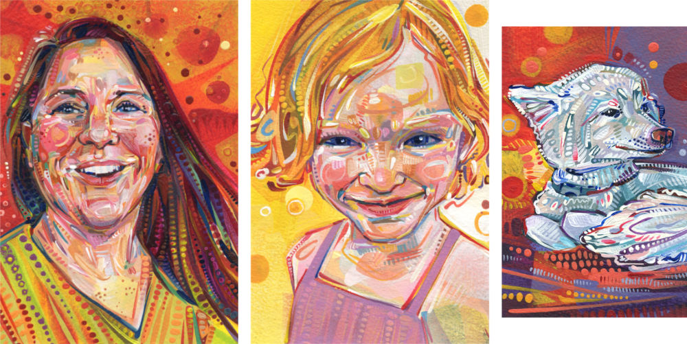 acrylic paintings of a woman, her child, and her dog, painted by Lambertville artist Gwenn Seemel