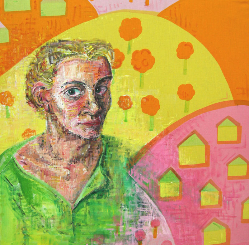 self-portrait of an artist painted on colorfully printed fabric