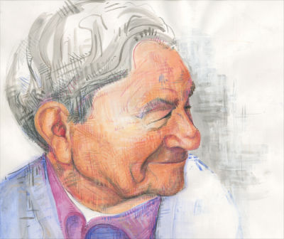 gouache and colored pencil on paper, portrait of an old white man smiling
