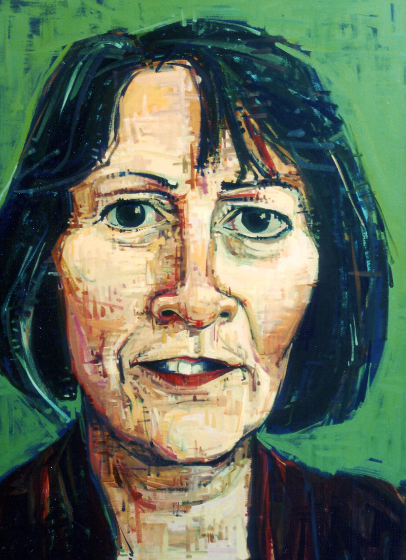 painted portrait of a white woman with dark hair