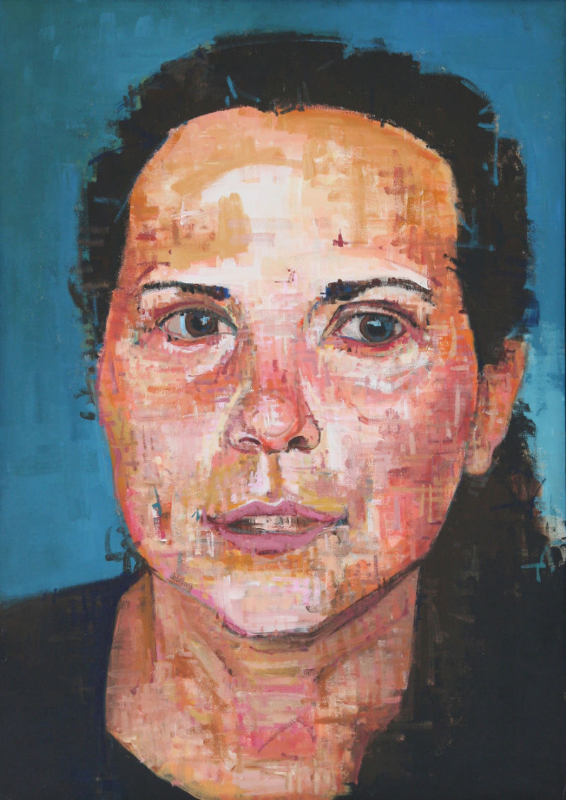 painted portrait of a white woman with dark hair on a blue background