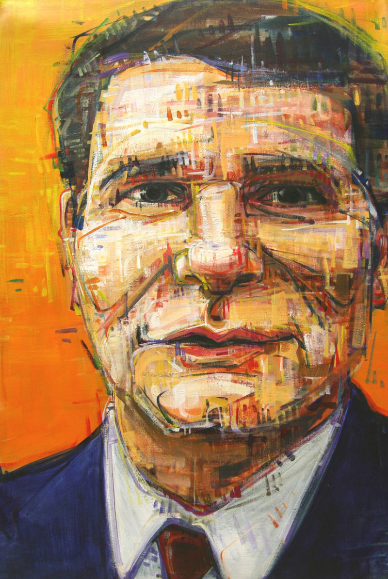 painted portrait of a television news anchor