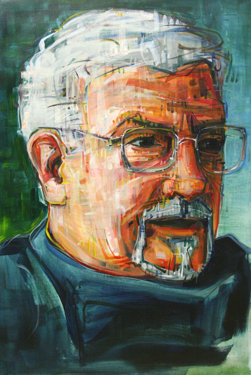 painted portrait of a white man with white hair and a white mustache