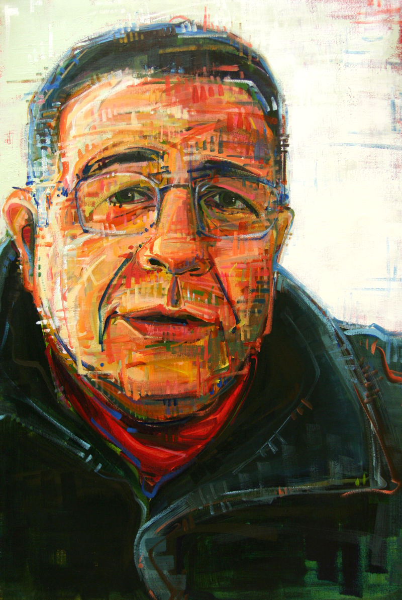 painted portrait of a white man wearing a leather jacket and a red scarf