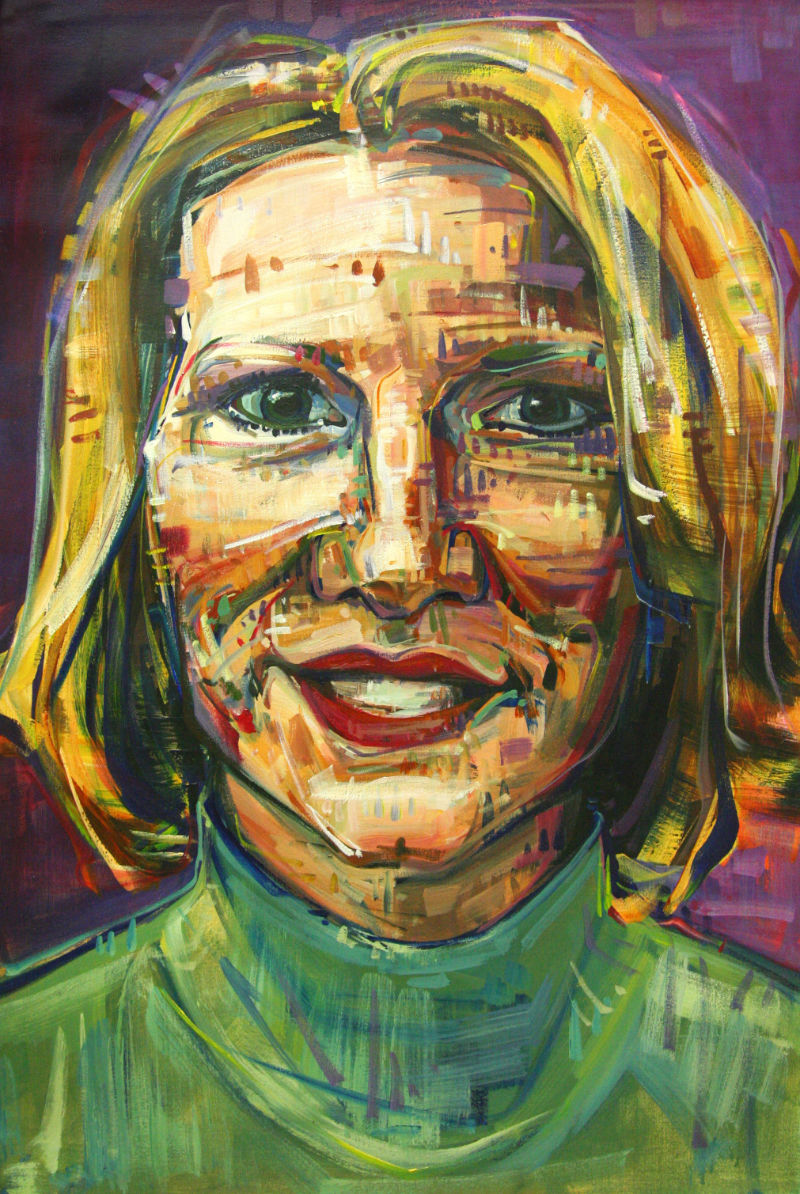 painted portrait of a news anchor, a blond woman