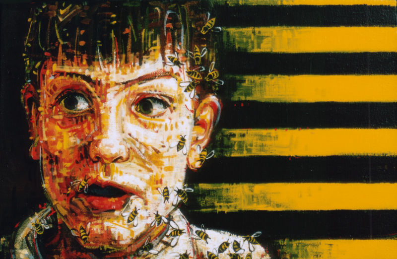 painted portrait of little boy who is scared of bees