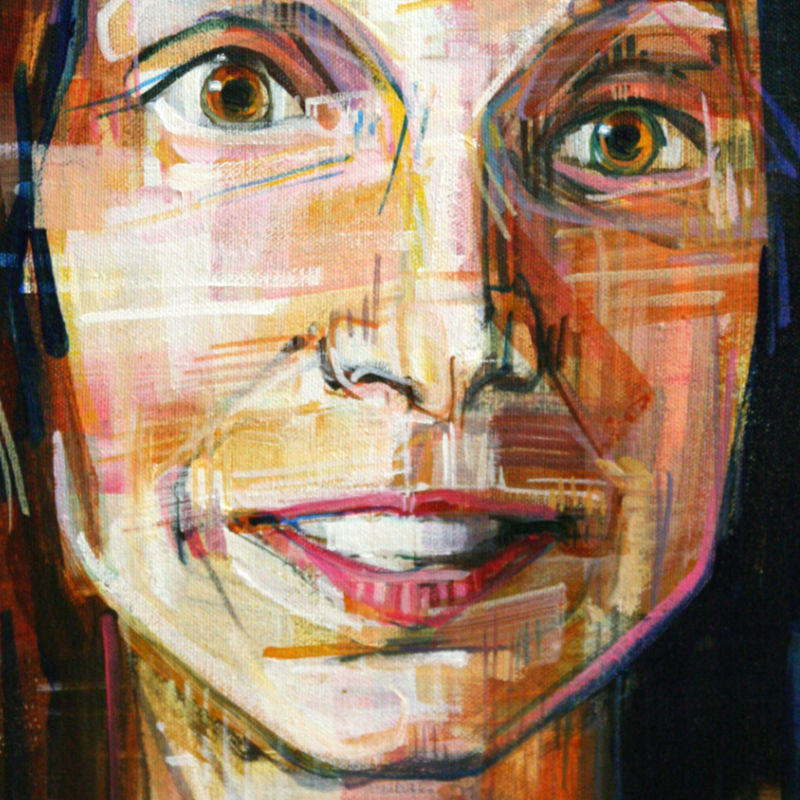 painterly portrait of a white woman with an alert expression