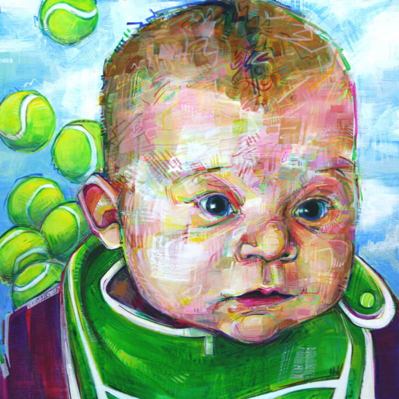 painted portrait of baby girl with tennis balls in the background