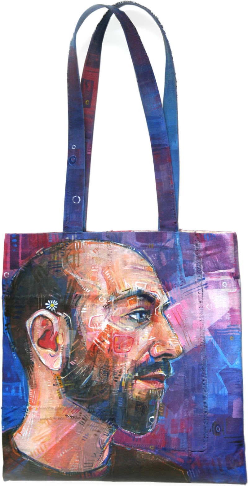 painted portrait on a canvas patchwork bag