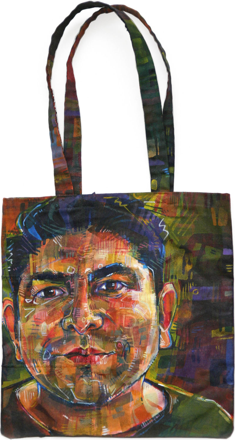 portrait d’un ami peint sur un sac en toile