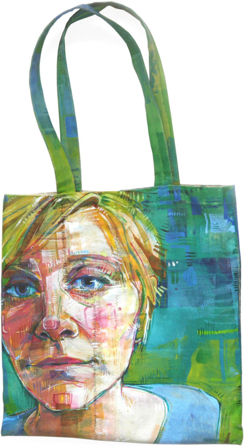 painted portrait of an artist on a canvas patchwork bag