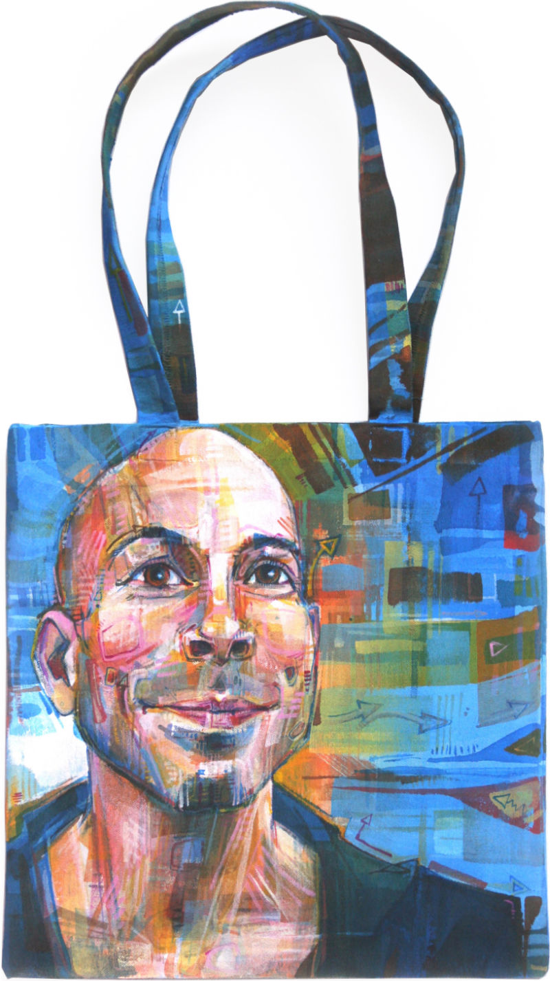 painted portrait bag of Wade McCollum