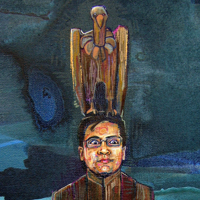 Indian-American man as a totem pole with Indian imagery