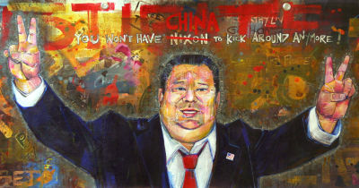 Asian-American man painted like Richard Nixon