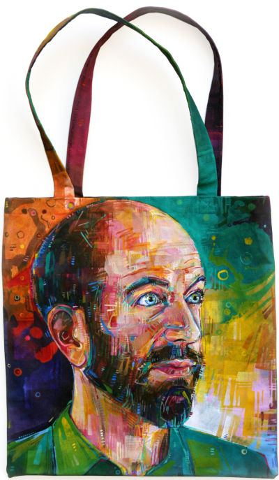 handsome bearded man painted on a canvas bag