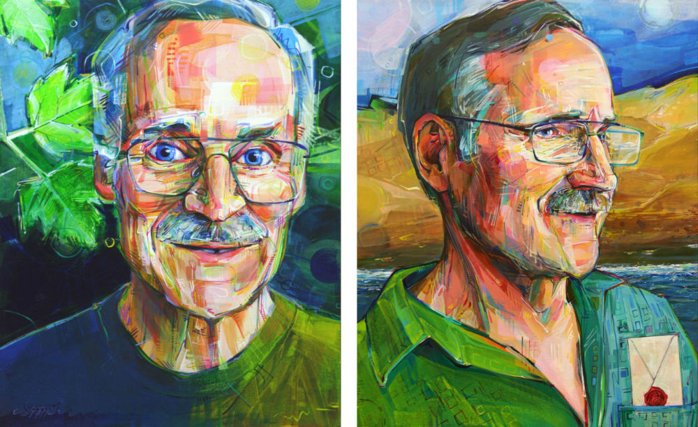 acrylic painted portraits of the same man, before and after a heart transplant