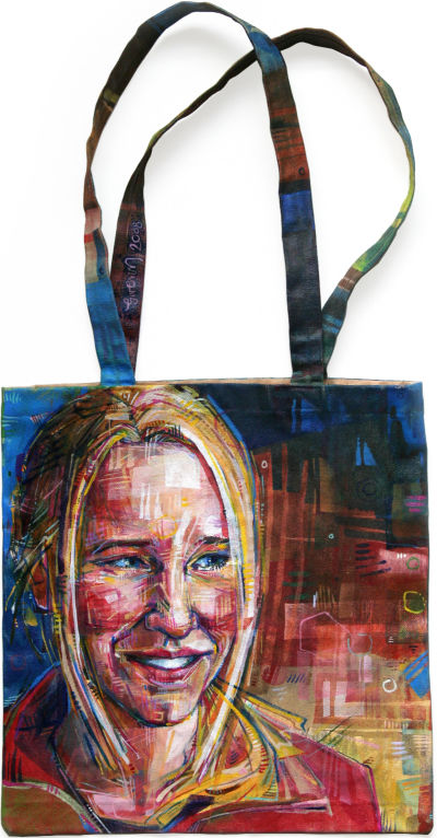 fine art portrait painted directly on a canvas tote