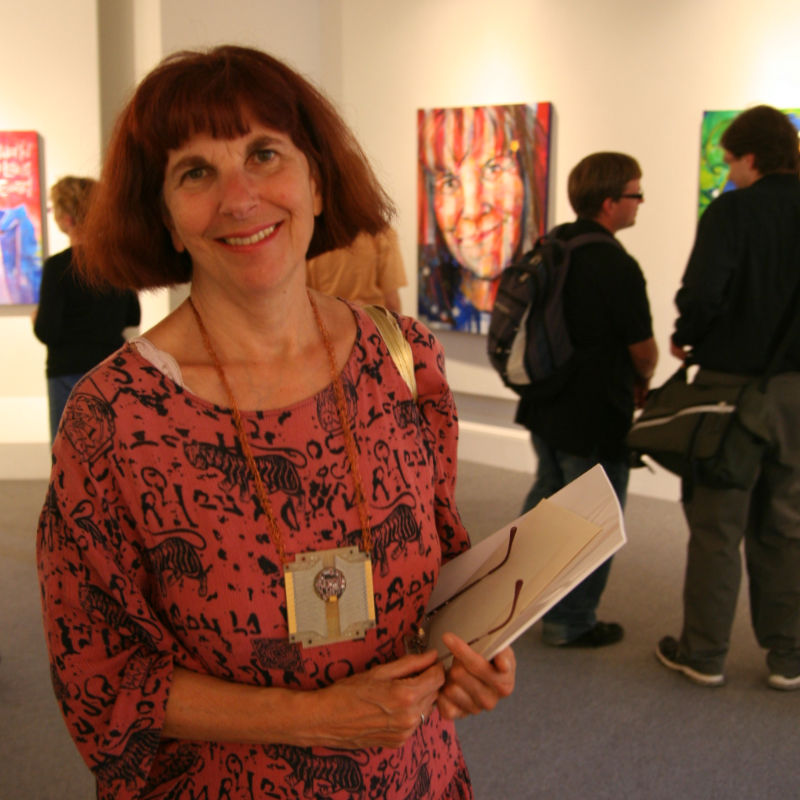 Portland artist Bonnie Meltzer at Gwenn Seemel’s exhibit at the Interstate Firehous Cultural Center