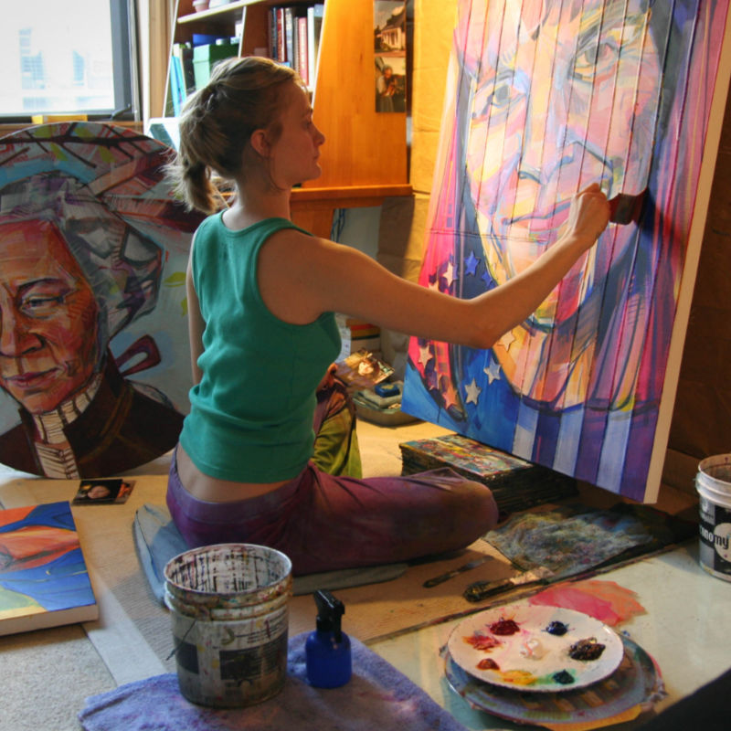 political artist Gwenn Seemel at work in her studio
