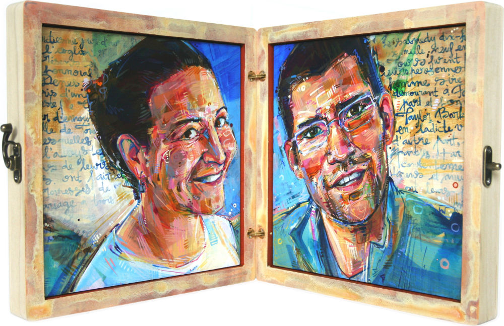 painted portrait of a couple, set in a simple wooden box
