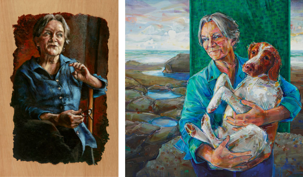 a woman talking and the same woman with a Brittany Spaniel on her lap