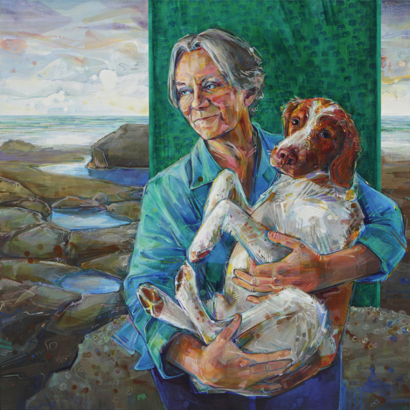 a woman with a Brittany Spaniel on her lap, painted by humanis artis Gwenn Seemel
