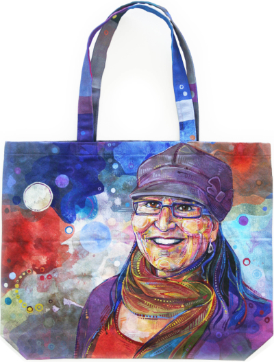portrait of a woman on a canvas tote