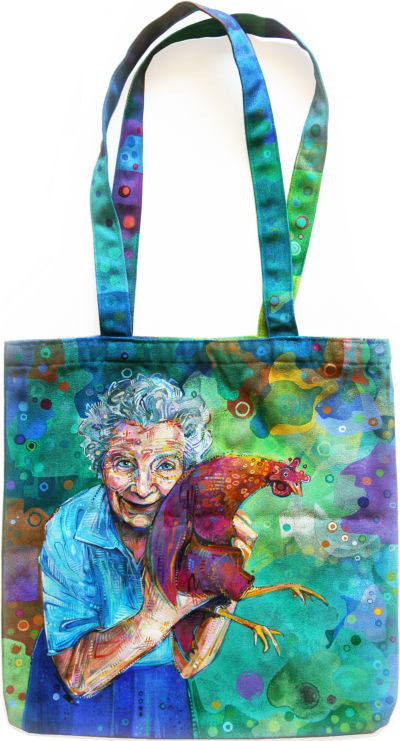 old woman with her chicken painted on a canvas bag