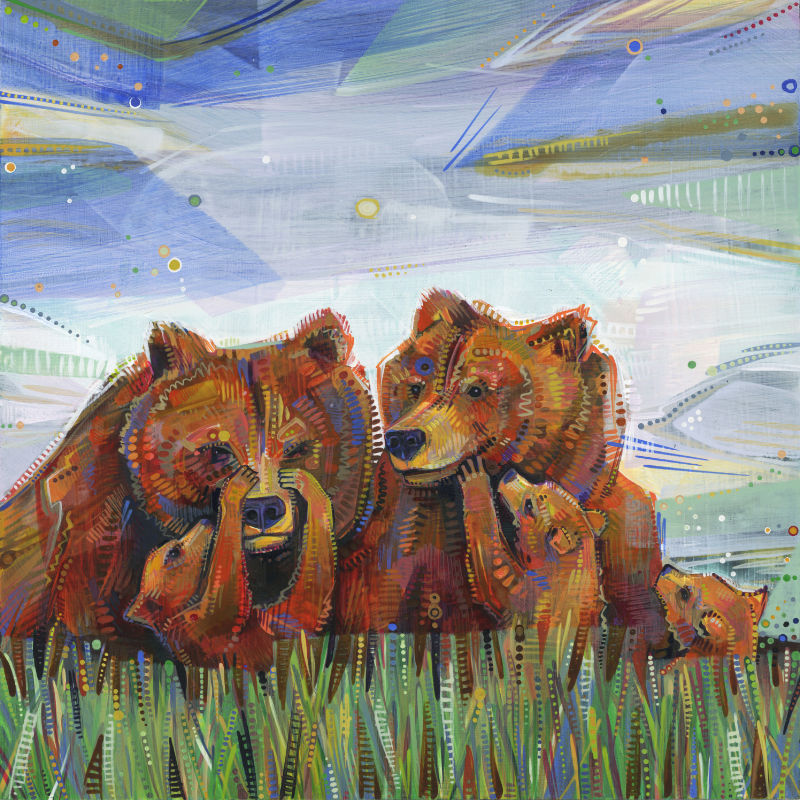 painting of grizzly bear moms with some babies