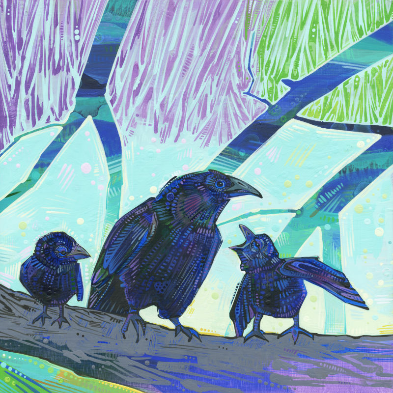 painting of a teenage crow with two babies