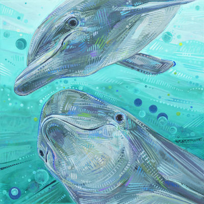 dolphins smiling, acrylic illustration for Crime Against Nature