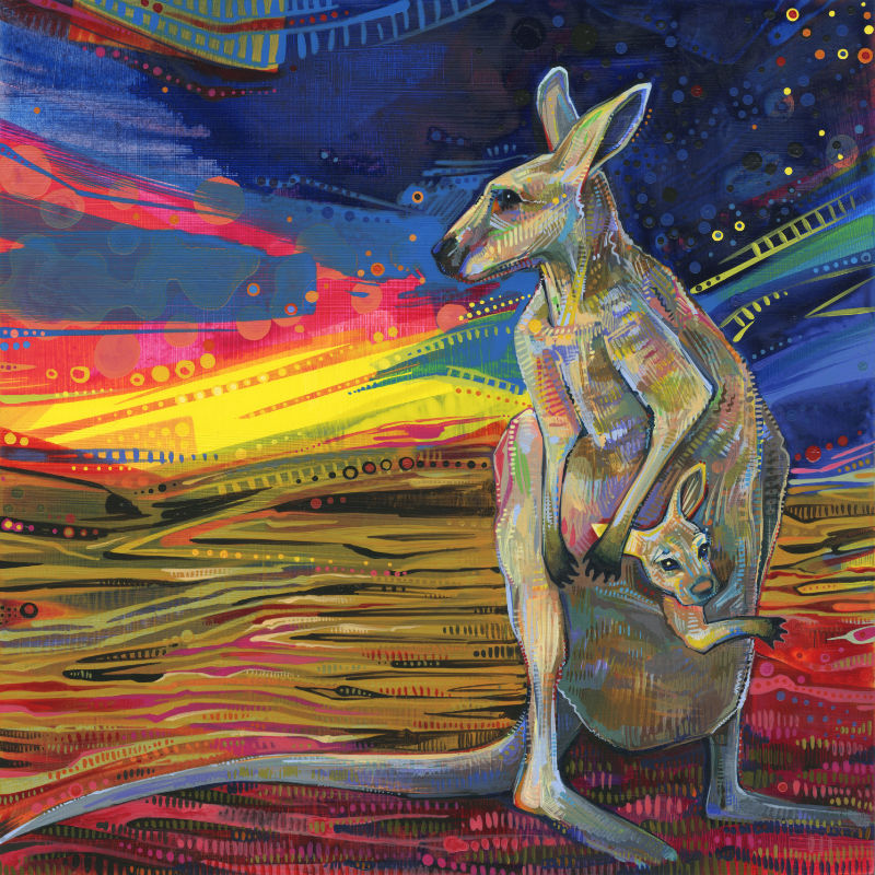 painting of a red kangaroo with a joey