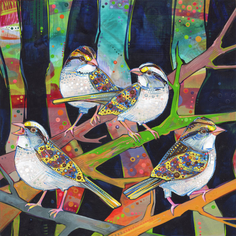 painting of four sparrows