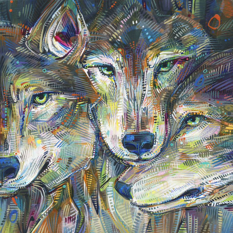 painting of grey wolves