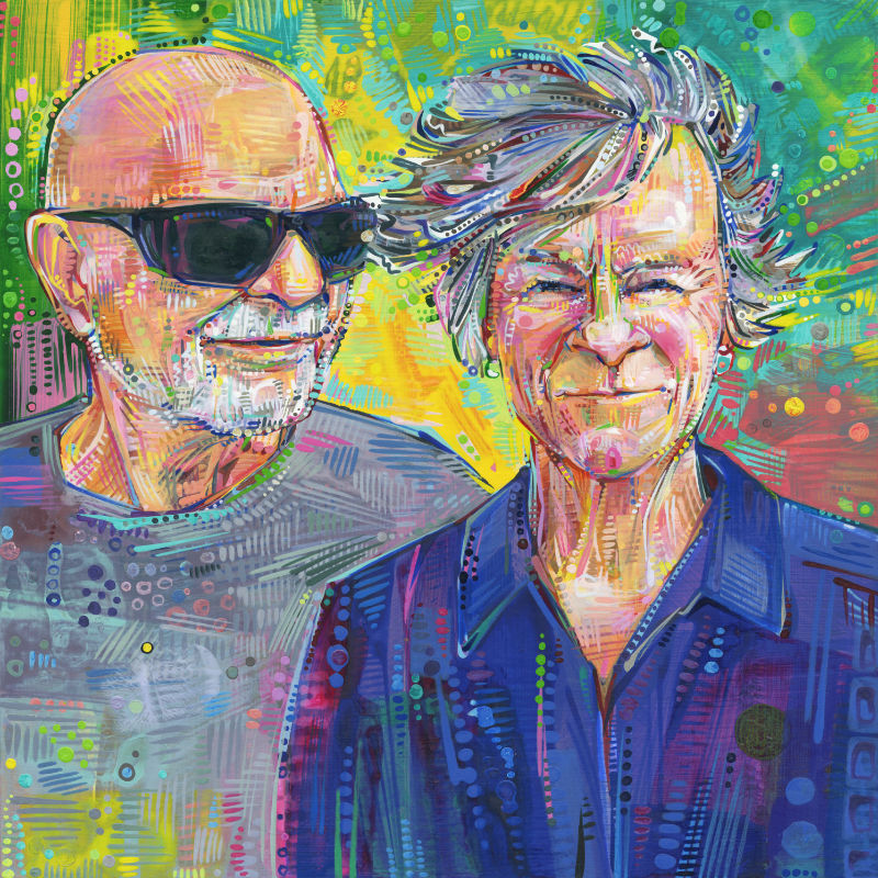painted portrait of an old man in sunglasses and a woman with wind in her hair
