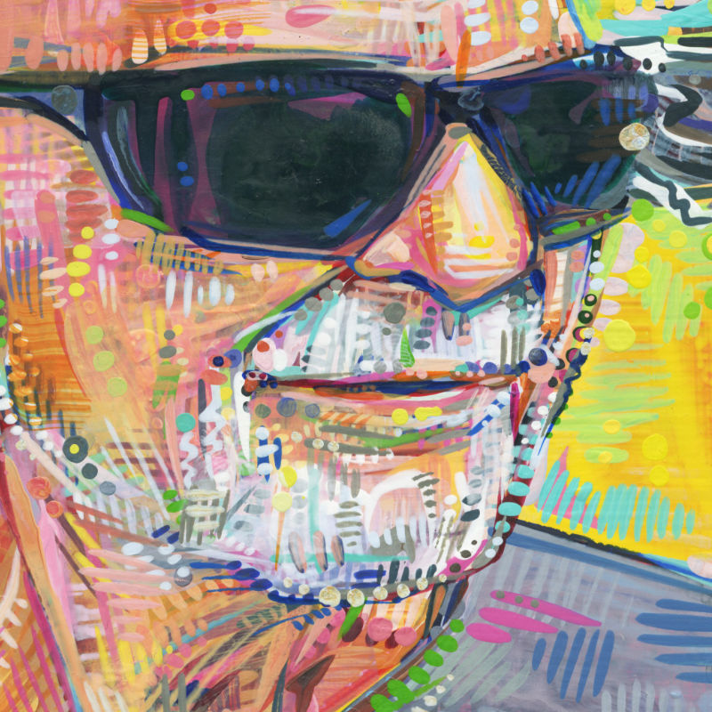 painted portrait of an old man in sunglasses