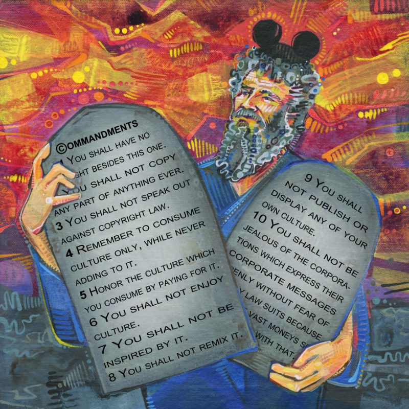 Moses with Mickey Mouse ears and tablets with Copyright Commandments