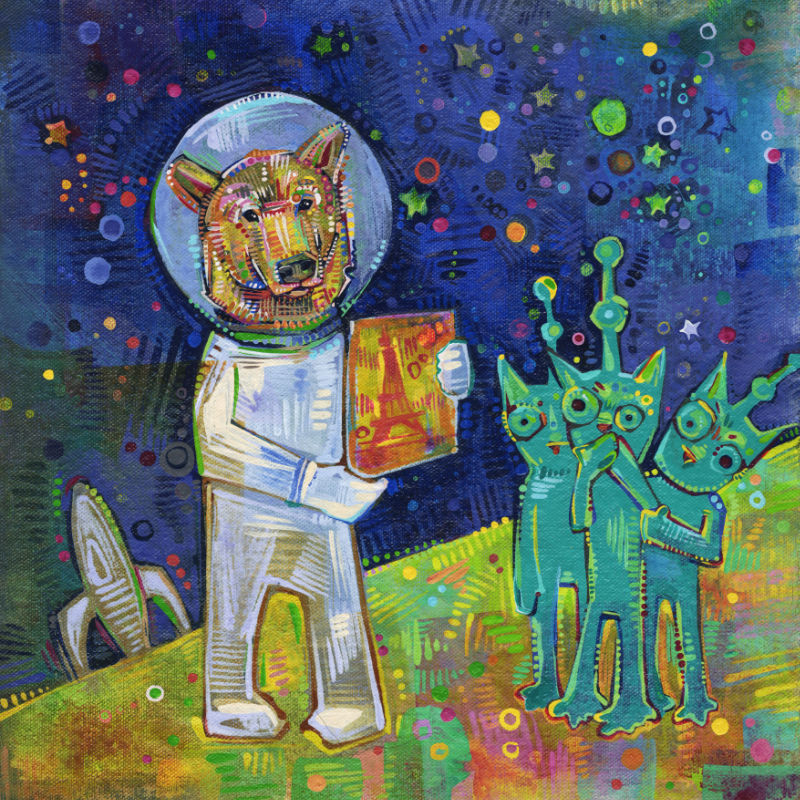 a bear astronaut with cat aliens 