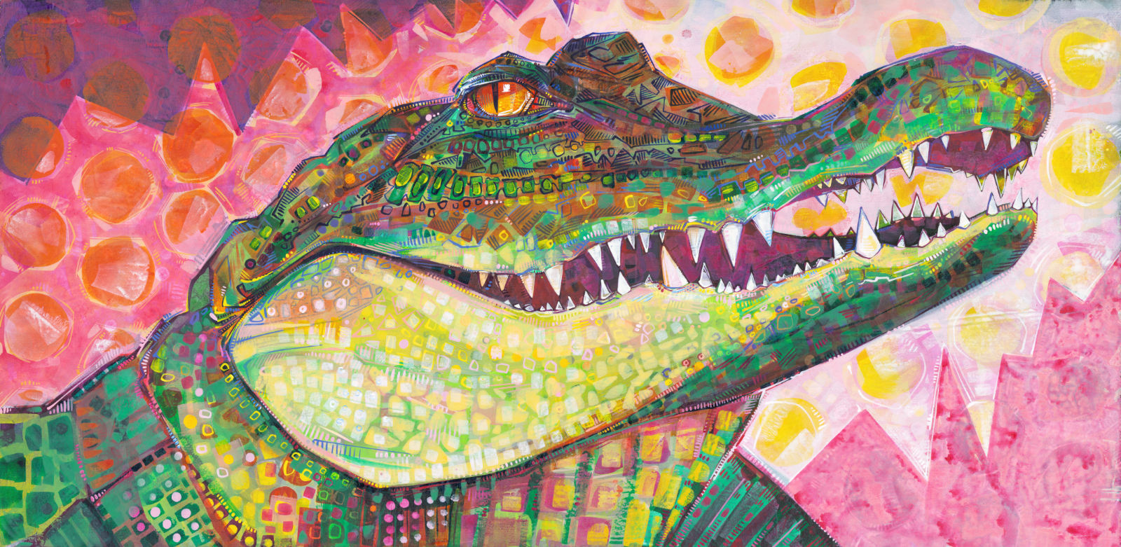 beautiful painting of a crocodile in greens and pinks
