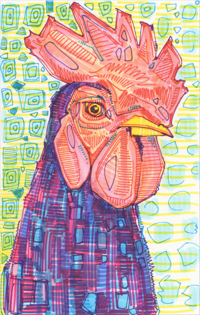 dessin d’un coq par l’artiste française Gwenn Seemel